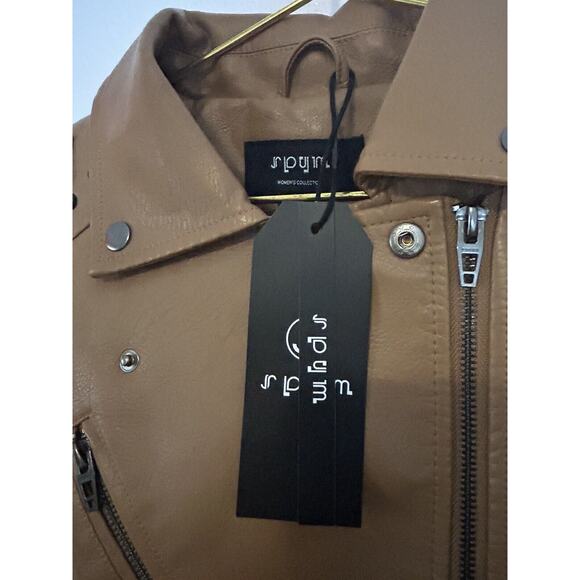 S P Y M Women's Jacket Faux Motorcycle Biker Coat Brown Large - Picture 3 of 14
